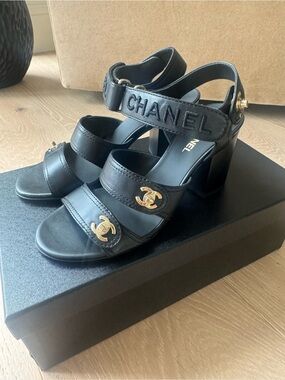 CHANEL Black Leather Block Heel Sandals with Gold CC Logos